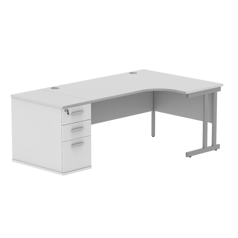 Double Upright Right Hand Radial Desk + Desk High Pedestal | 800mm Deep Pedestal | 1600X1200 | Arctic White/Silver