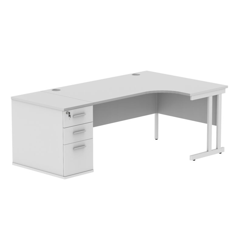 Double Upright Right Hand Radial Desk + Desk High Pedestal | 800mm Deep Pedestal | 1600X1200 | Arctic White/White