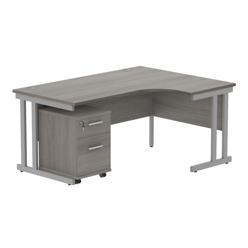 Double Upright Right Hand Radial Desk + 2 Drawer Mobile Under Desk Pedestal | 1600X1200 | Alaskan Grey Oak/Silver