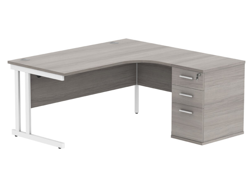 Double Upright Right Hand Radial Desk + Desk High Pedestal | 600mm Deep Pedestal | 1600X1200 | Alaskan Grey Oak/Silver