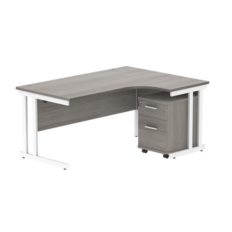 Double Upright Right Hand Radial Desk + 2 Drawer Mobile Under Desk Pedestal | 1600X1200 | Alaskan Grey Oak/White