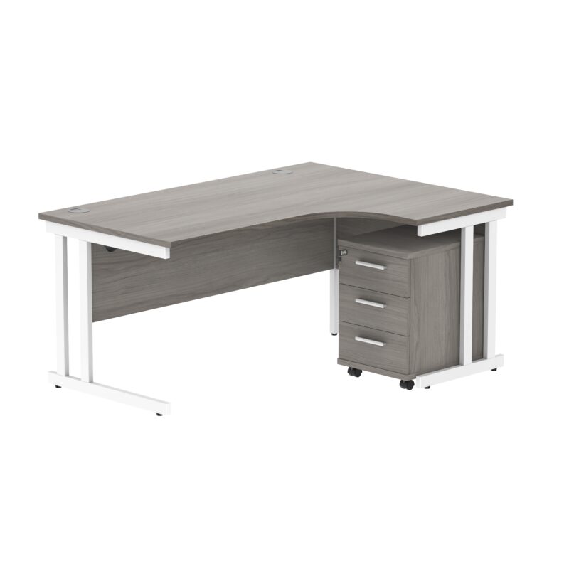 Double Upright Right Hand Radial Desk + 3 Drawer Mobile Under Desk Pedestal | 1600X1200 | Alaskan Grey Oak/White