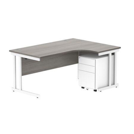 Double Upright Right Hand Radial Desk + Under Desk Steel Pedestal 3 Drawers | 1600X1200 | Alaskan Grey Oak/White