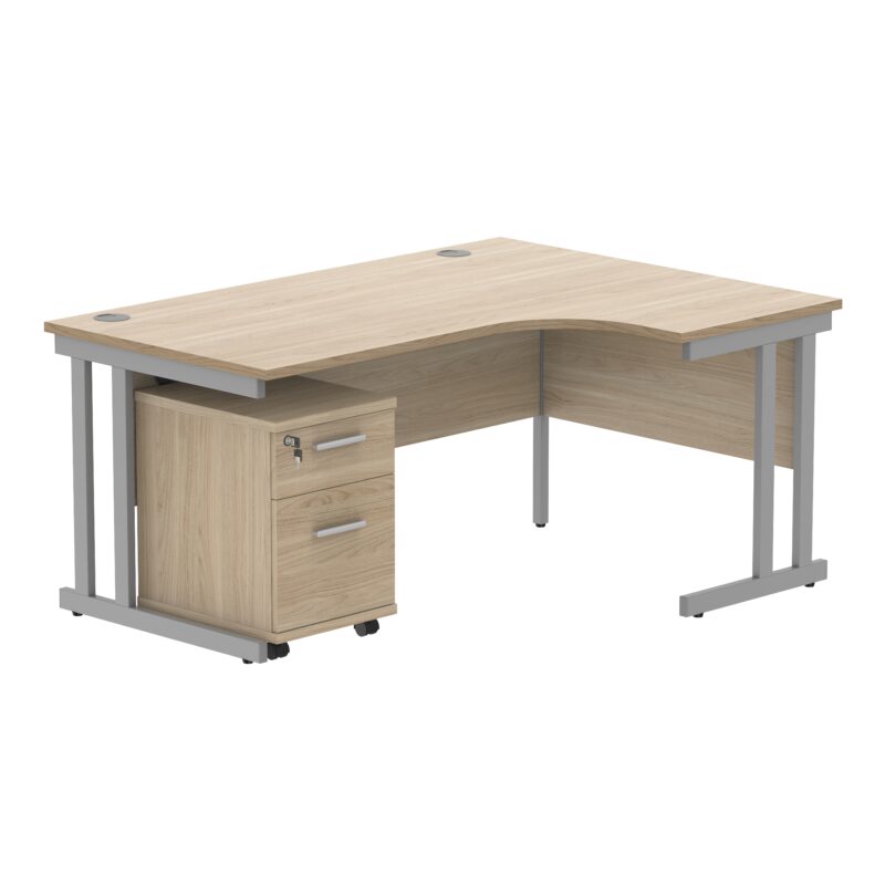 Double Upright Right Hand Radial Desk + 2 Drawer Mobile Under Desk Pedestal | 1600X1200 | Canadian Oak/Silver