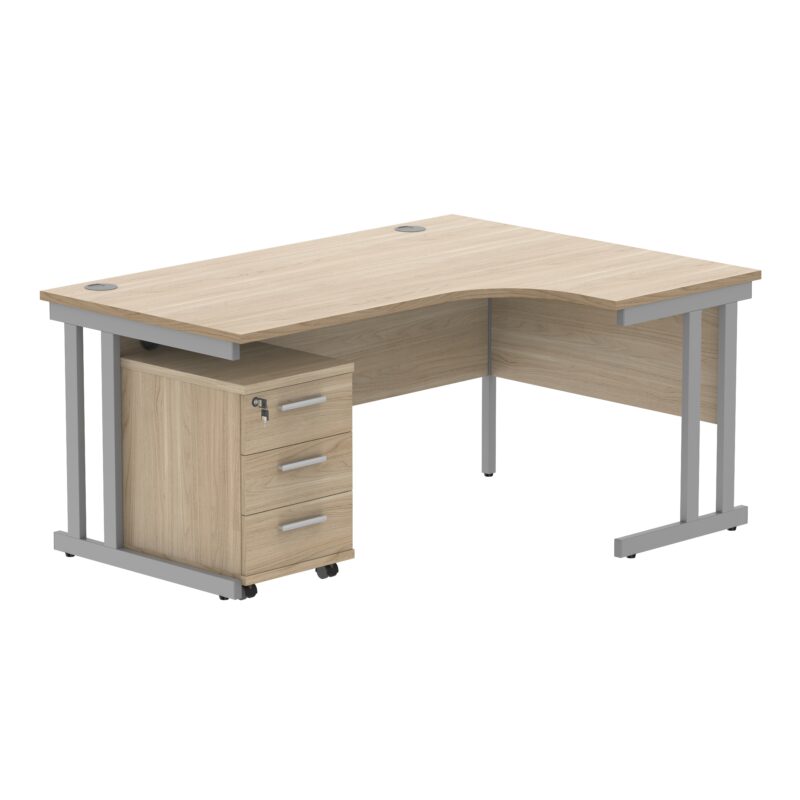 Double Upright Right Hand Radial Desk + 3 Drawer Mobile Under Desk Pedestal | 1600X1200 | Canadian Oak/Silver