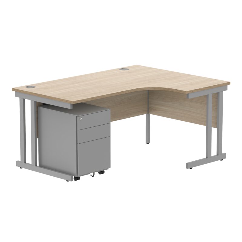 Double Upright Right Hand Radial Desk + Under Desk Steel Pedestal 3 Drawers | 1600X1200 | Canadian Oak/Silver