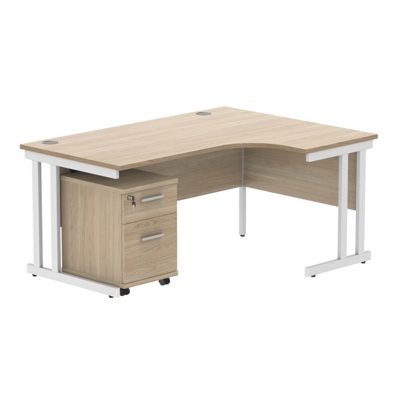 Double Upright Right Hand Radial Desk + 2 Drawer Mobile Under Desk Pedestal | 1600X1200 | Canadian Oak/White