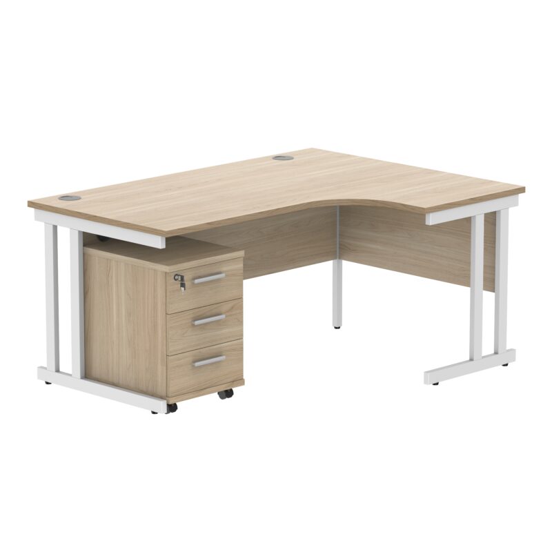 Double Upright Right Hand Radial Desk + 3 Drawer Mobile Under Desk Pedestal | 1600X1200 | Canadian Oak/White