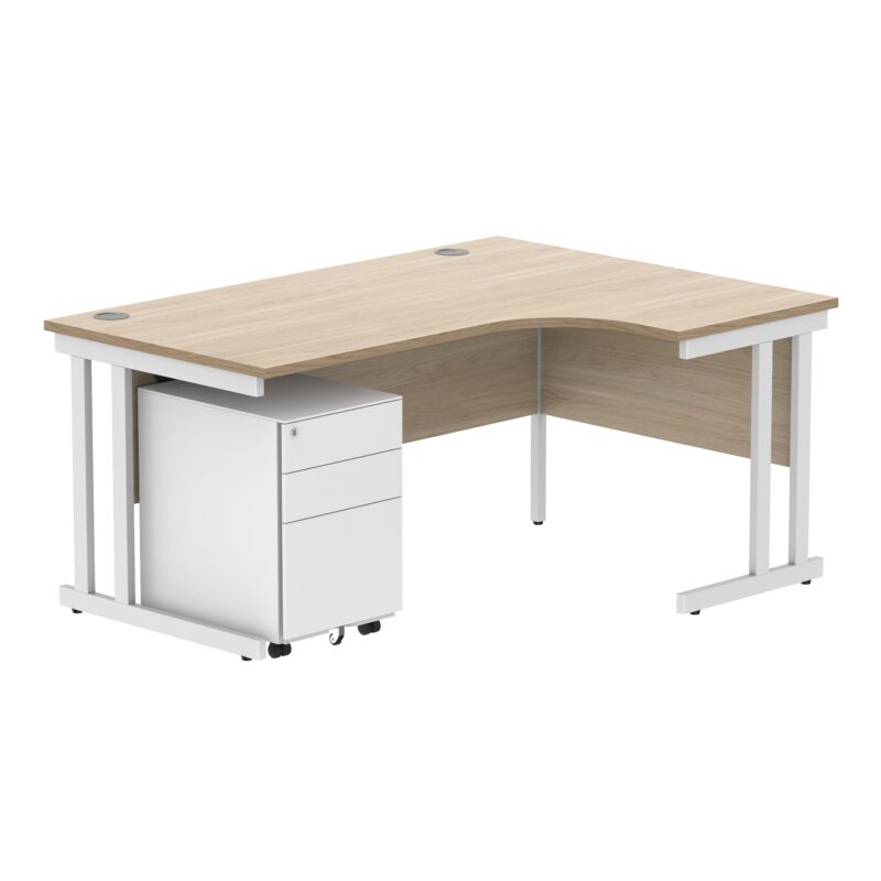 Double Upright Right Hand Radial Desk + Under Desk Steel Pedestal 3 Drawers | 1600X1200 | Canadian Oak/White