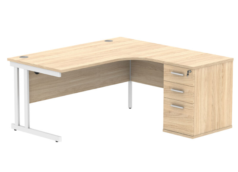 Double Upright Right Hand Radial Desk + Desk High Pedestal | 600mm Deep Pedestal | 1600X1200 | Canadian Oak/White