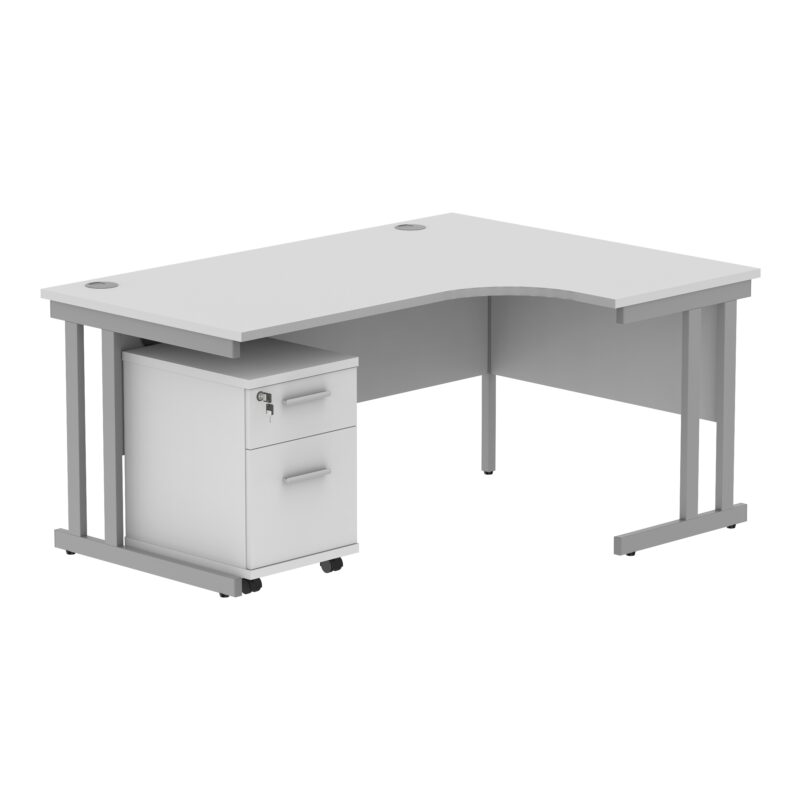 Double Upright Right Hand Radial Desk + 2 Drawer Mobile Under Desk Pedestal | 1600X1200 | Arctic White/Silver