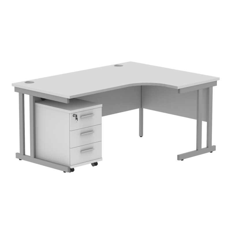 Double Upright Right Hand Radial Desk + 3 Drawer Mobile Under Desk Pedestal | 1600X1200 | Arctic White/Silver