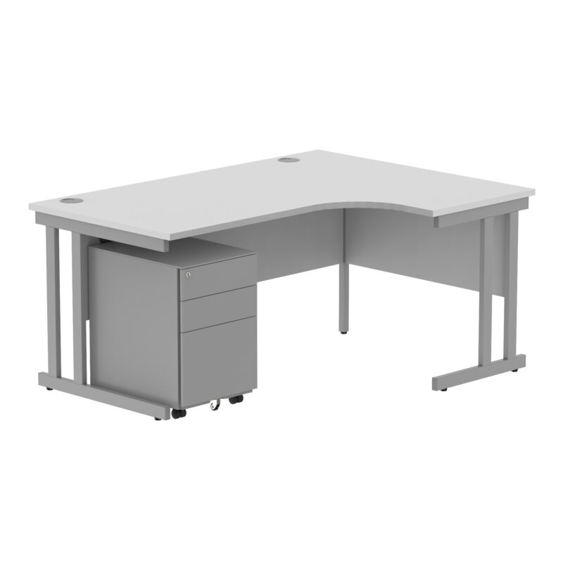 Double Upright Right Hand Radial Desk + Under Desk Steel Pedestal 3 Drawers | 1600X1200 | Arctic White/Silver