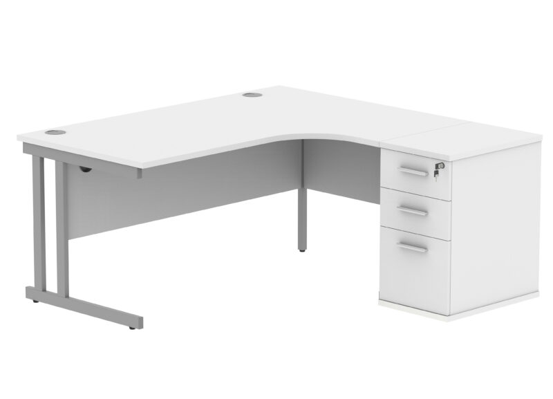 Double Upright Right Hand Radial Desk + Desk High Pedestal | 600mm Deep Pedestal | 1600X1200 | Arctic White/Silver