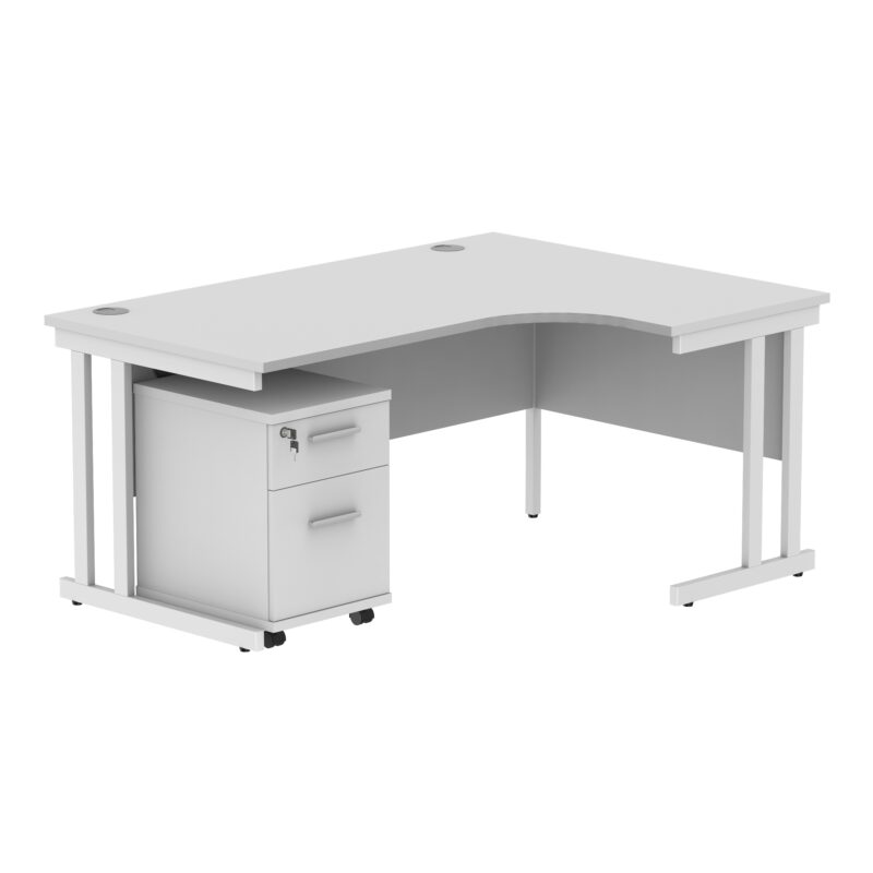 Double Upright Right Hand Radial Desk + 2 Drawer Mobile Under Desk Pedestal | 1600X1200 | Arctic White/White