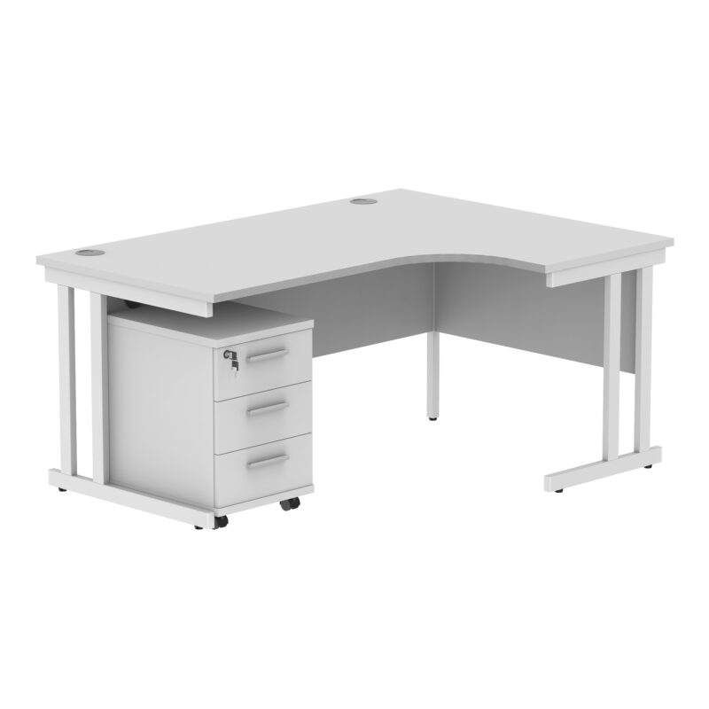 Double Upright Right Hand Radial Desk + 3 Drawer Mobile Under Desk Pedestal | 1600X1200 | Arctic White/White