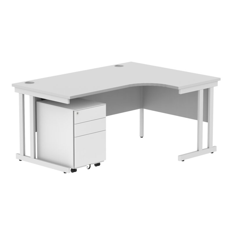 Double Upright Right Hand Radial Desk + Under Desk Steel Pedestal 3 Drawers | 1600X1200 | Arctic White/White