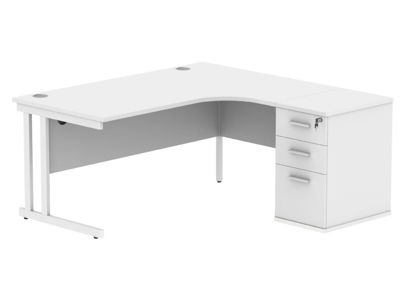 Double Upright Right Hand Radial Desk + Desk High Pedestal | 600mm Deep Pedestal | 1600X1200 | Arctic White/White