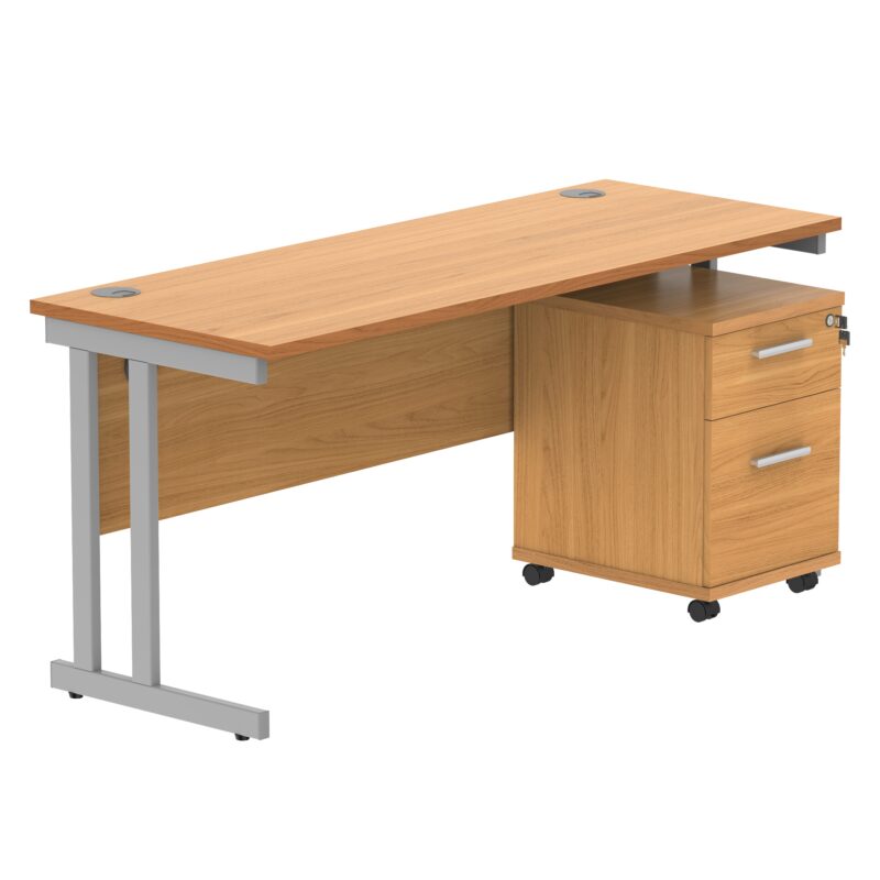 Double Upright Rectangular Desk + 2 Drawer Mobile Under Desk Pedestal | 1600X600 | Norwegian Beech/Silver