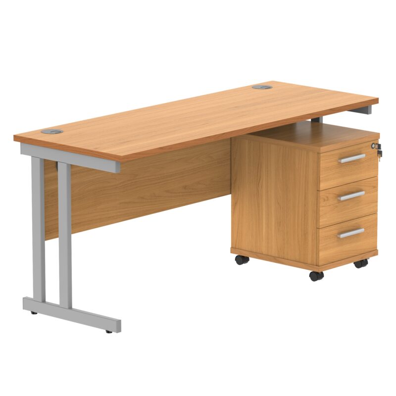 Double Upright Rectangular Desk + 3 Drawer Mobile Under Desk Pedestal | 1600X600 | Norwegian Beech/Silver