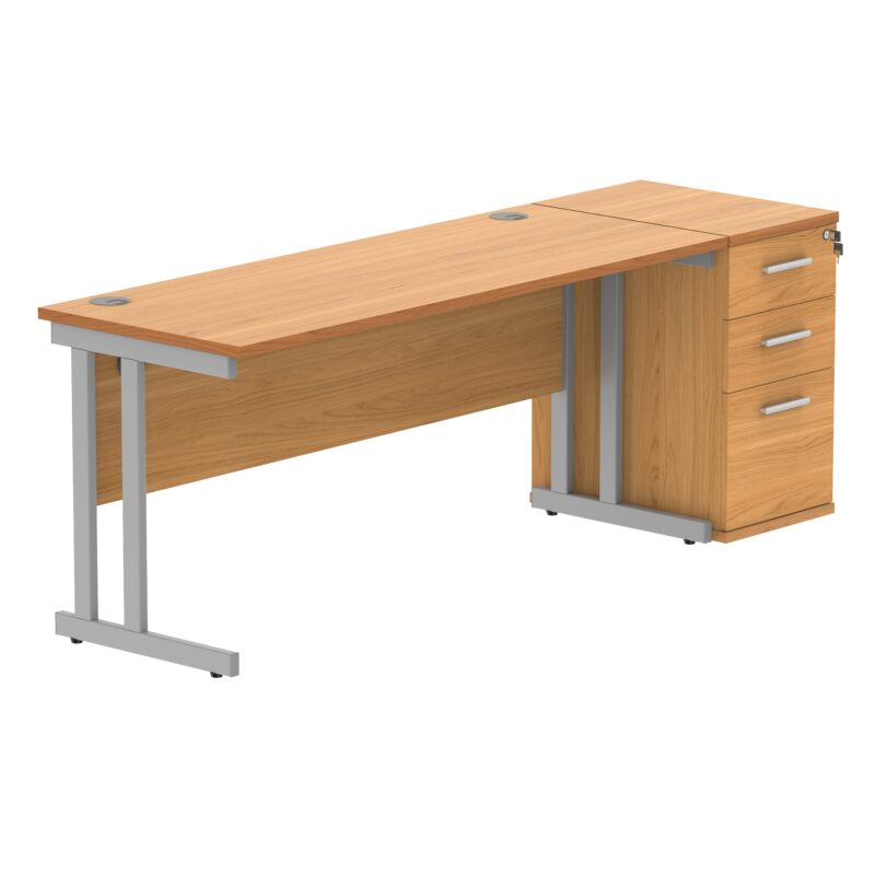 Double Upright Rectangular Desk + Desk High Pedestal | 1600X600 | Norwegian Beech/Silver