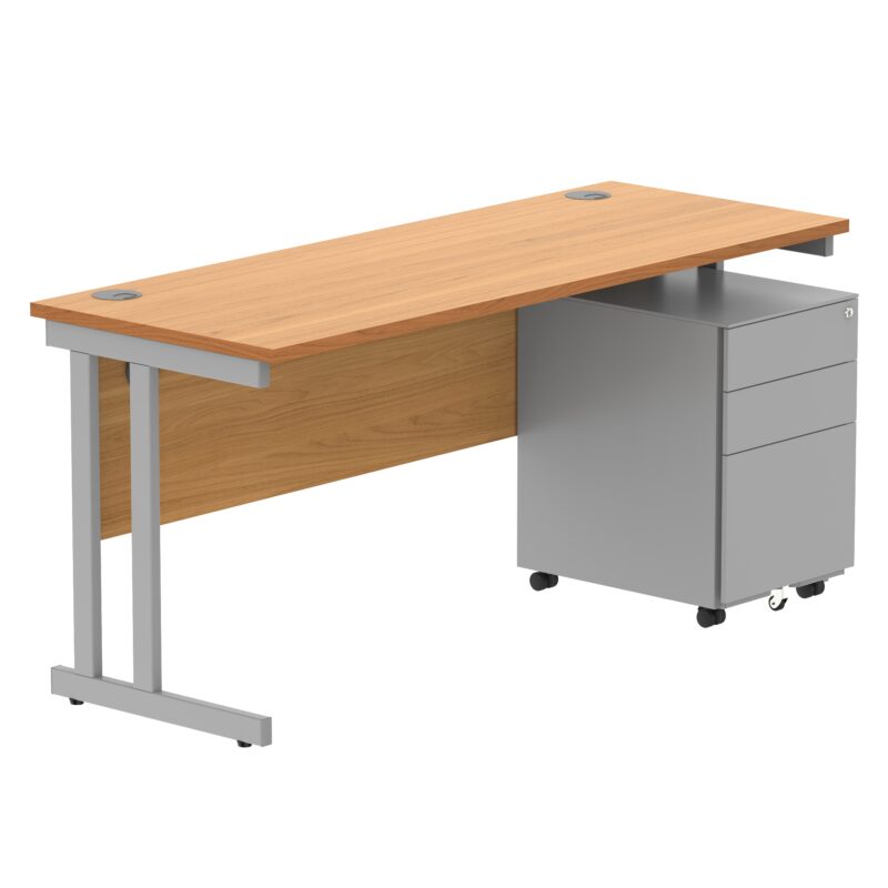 Double Upright Rectangular Desk + Under Desk Steel Pedestal 3 Drawers | 1600X600 | Norwegian Beech/Silver