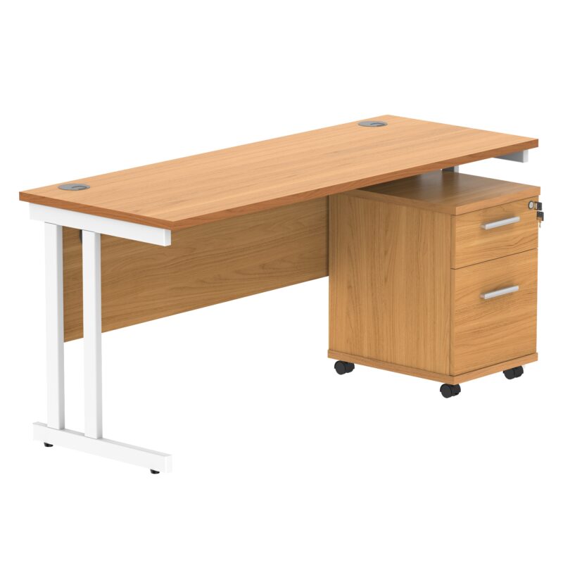 Double Upright Rectangular Desk + 2 Drawer Mobile Under Desk Pedestal | 1600X600 | Norwegian Beech/White