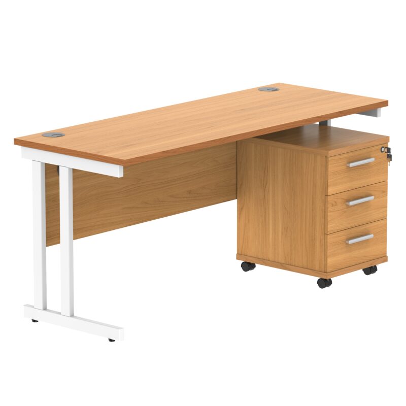 Double Upright Rectangular Desk + 3 Drawer Mobile Under Desk Pedestal | 1600X600 | Norwegian Beech/White