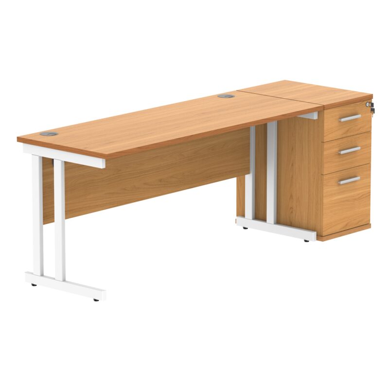 Double Upright Rectangular Desk + Desk High Pedestal | 1600X600 | Norwegian Beech/White