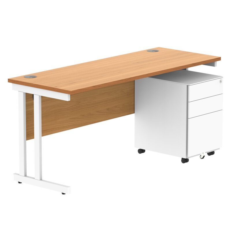 Double Upright Rectangular Desk + Under Desk Steel Pedestal 3 Drawers | 1600X600 | Norwegian Beech/White