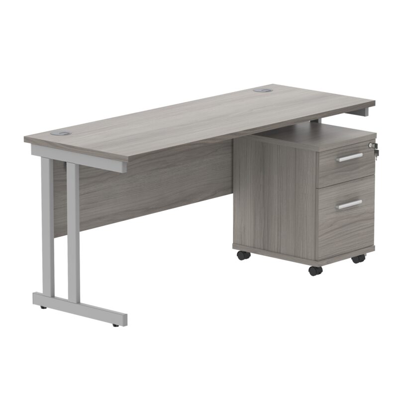 Double Upright Rectangular Desk + 2 Drawer Mobile Under Desk Pedestal | 1600X600 | Alaskan Grey Oak/Silver