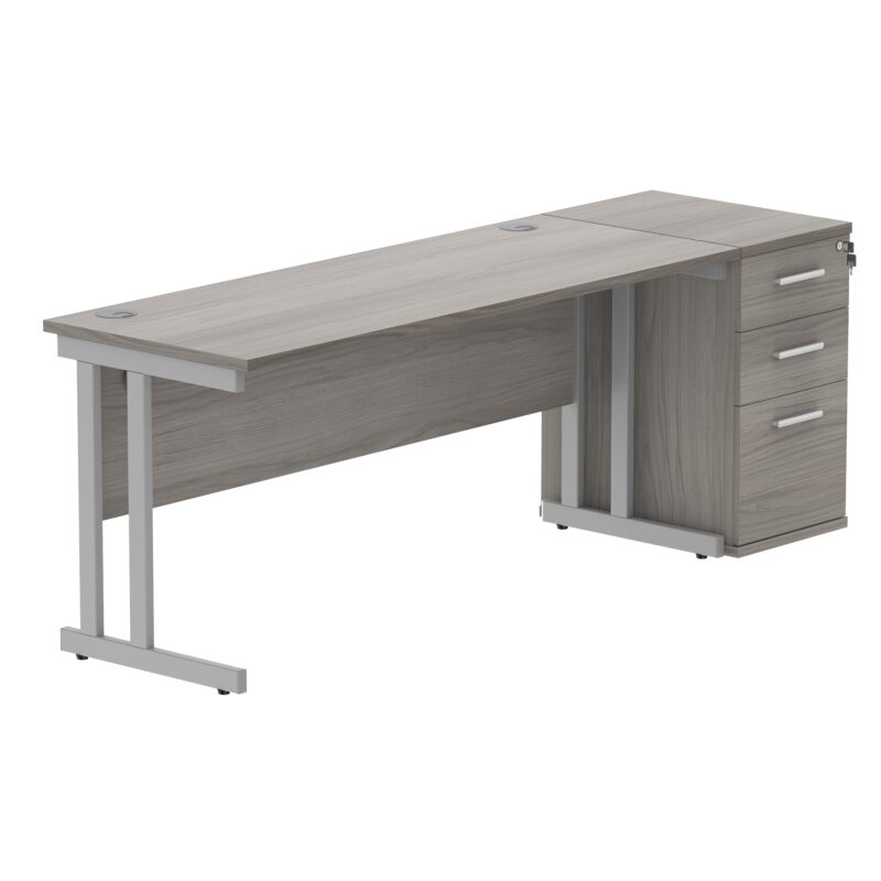 Double Upright Rectangular Desk + Desk High Pedestal | 1600X600 | Alaskan Grey Oak/Silver