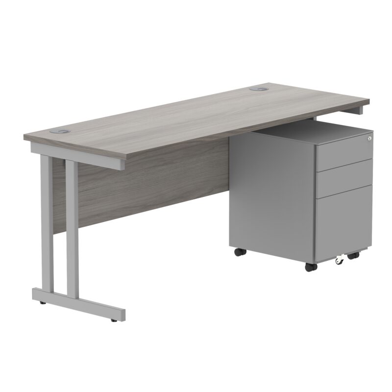 Double Upright Rectangular Desk + Under Desk Steel Pedestal 3 Drawers | 1600X600 | Alaskan Grey Oak/Silver