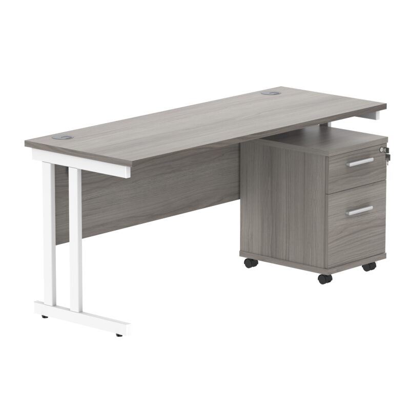 Double Upright Rectangular Desk + 2 Drawer Mobile Under Desk Pedestal | 1600X600 | Alaskan Grey Oak/White