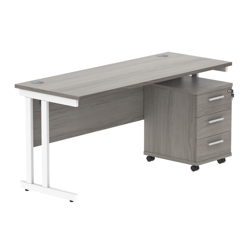 Double Upright Rectangular Desk + 3 Drawer Mobile Under Desk Pedestal | 1600X600 | Alaskan Grey Oak/White