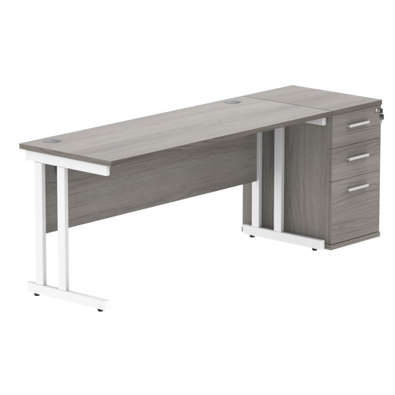 Double Upright Rectangular Desk + Desk High Pedestal | 1600X600 | Alaskan Grey Oak/White