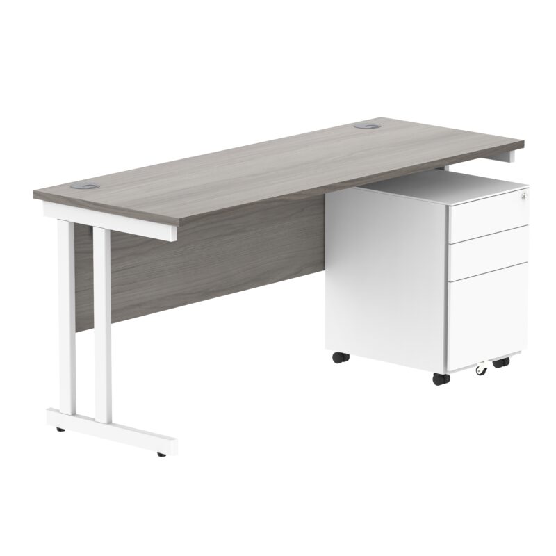 Double Upright Rectangular Desk + Under Desk Steel Pedestal 3 Drawers | 1600X600 | Alaskan Grey Oak/White