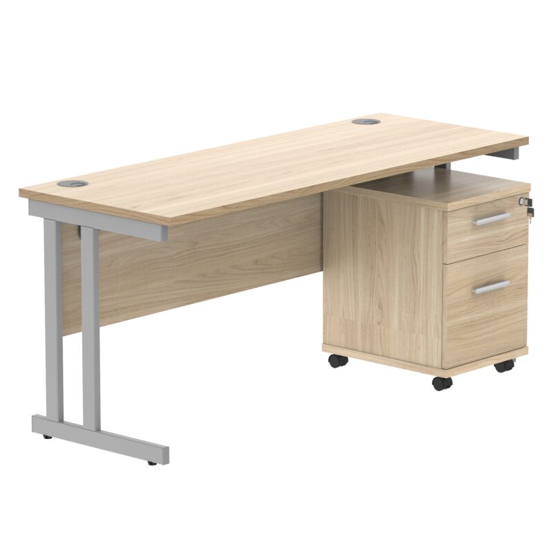 Double Upright Rectangular Desk + 2 Drawer Mobile Under Desk Pedestal | 1600X600 | Canadian Oak/Silver