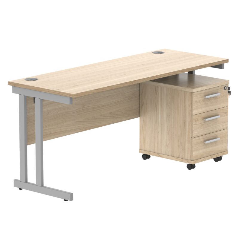 Double Upright Rectangular Desk + 3 Drawer Mobile Under Desk Pedestal | 1600X600 | Canadian Oak/Silver