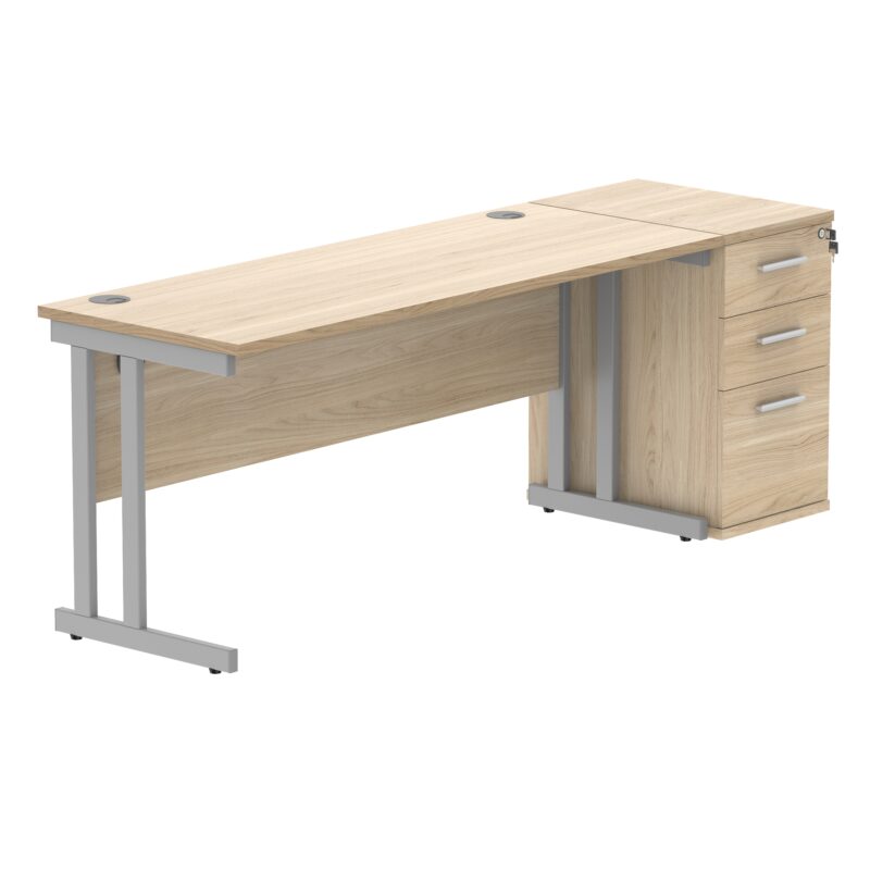 Double Upright Rectangular Desk + Desk High Pedestal | 1600X600 | Canadian Oak/Silver