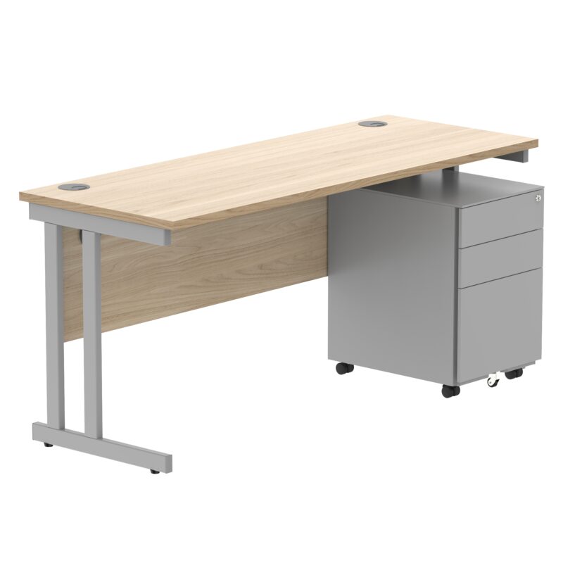 Double Upright Rectangular Desk + Under Desk Steel Pedestal 3 Drawers | 1600X600 | Canadian Oak/Silver