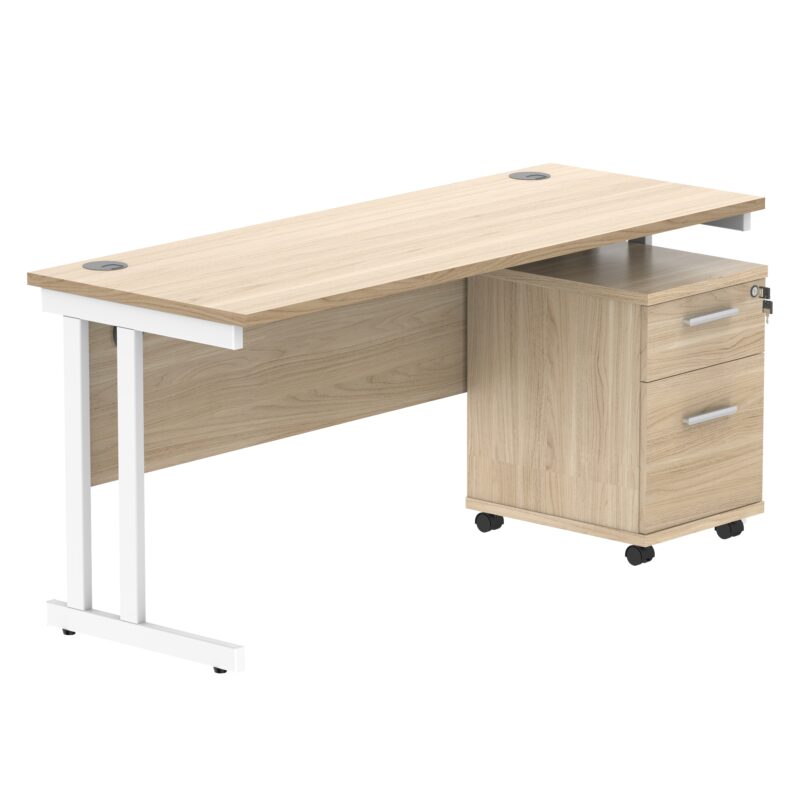 Double Upright Rectangular Desk + 2 Drawer Mobile Under Desk Pedestal | 1600X600 | Canadian Oak/White