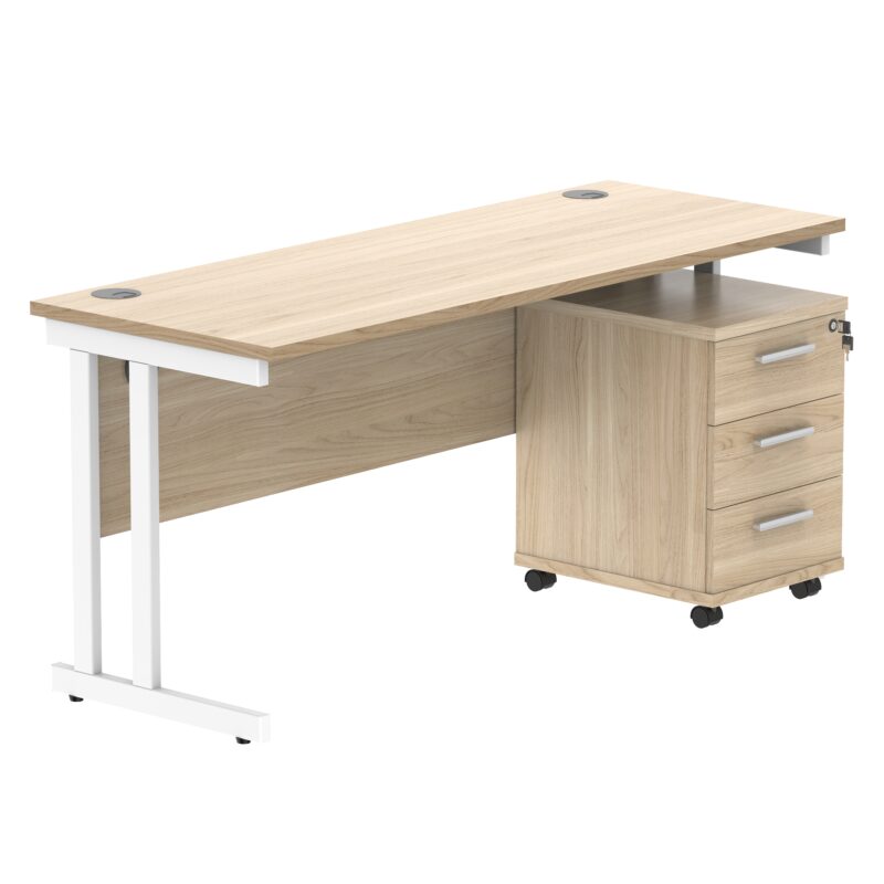 Double Upright Rectangular Desk + 3 Drawer Mobile Under Desk Pedestal | 1600X600 | Canadian Oak/White