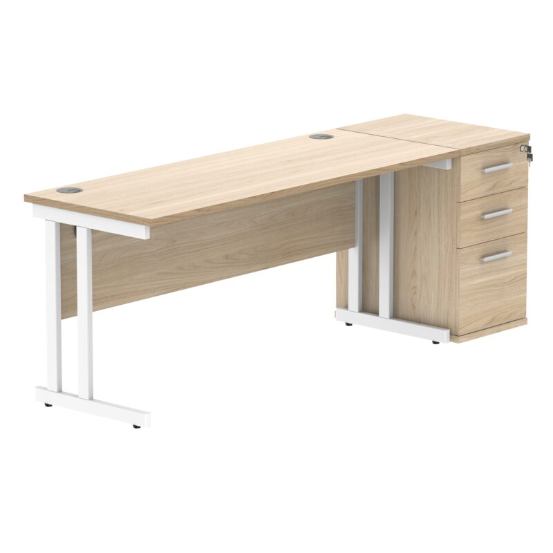 Double Upright Rectangular Desk + Desk High Pedestal | 1600X600 | Canadian Oak/White