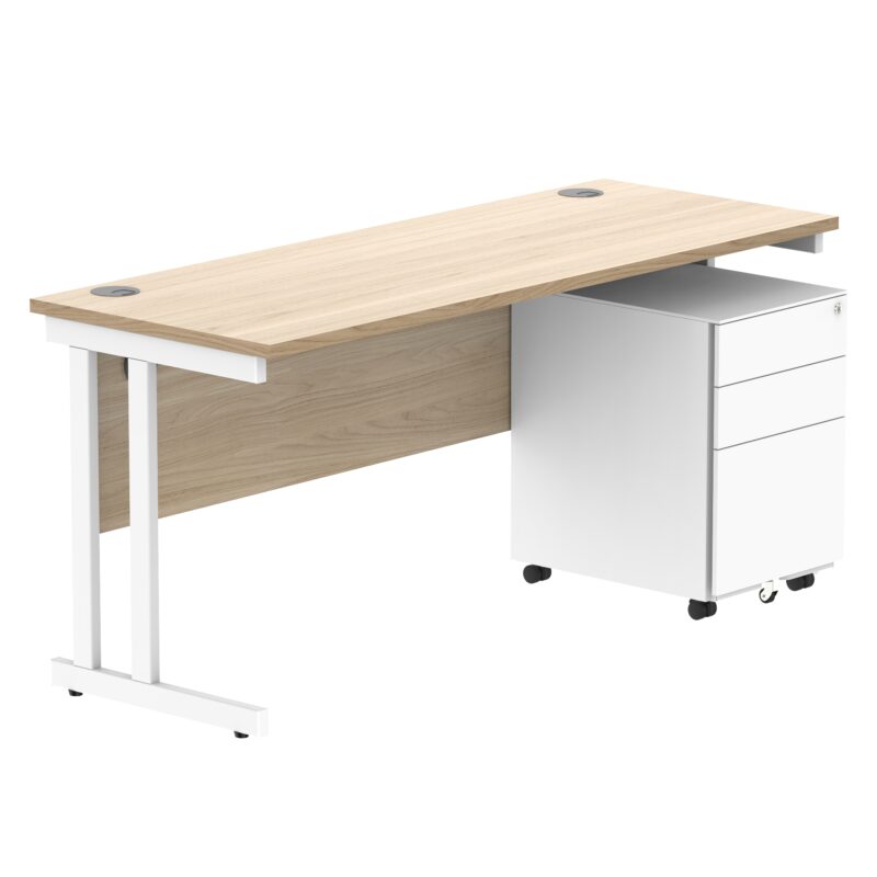 Double Upright Rectangular Desk + Under Desk Steel Pedestal 3 Drawers | 1600X600 | Canadian Oak/White