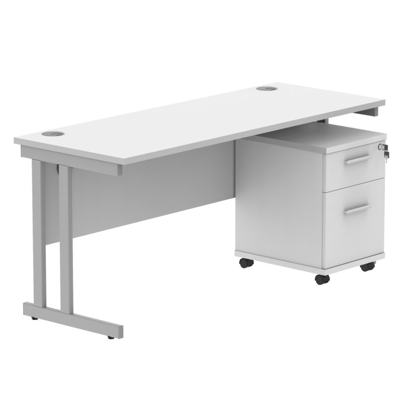 Double Upright Rectangular Desk + 2 Drawer Mobile Under Desk Pedestal | 1600X600 | Arctic White/Silver