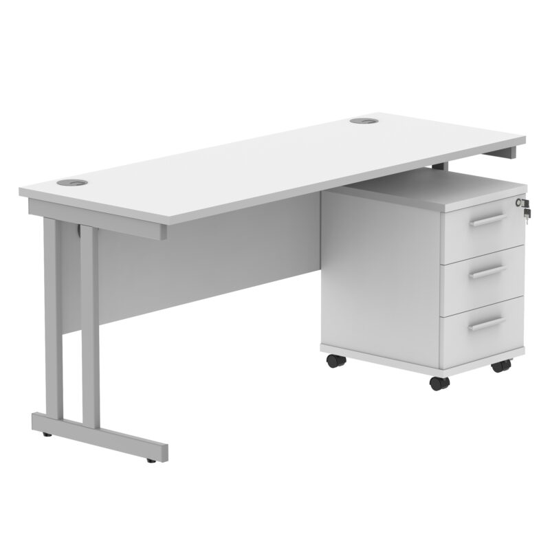 Double Upright Rectangular Desk + 3 Drawer Mobile Under Desk Pedestal | 1600X600 | Arctic White/Silver