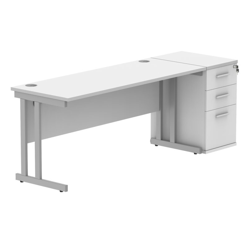 Double Upright Rectangular Desk + Desk High Pedestal | 1600X600 | Arctic White/Silver