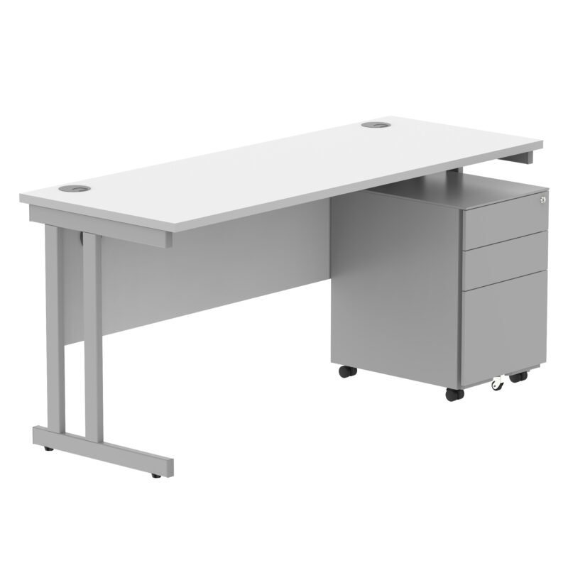 Double Upright Rectangular Desk + Under Desk Steel Pedestal 3 Drawers | 1600X600 | Arctic White/Silver