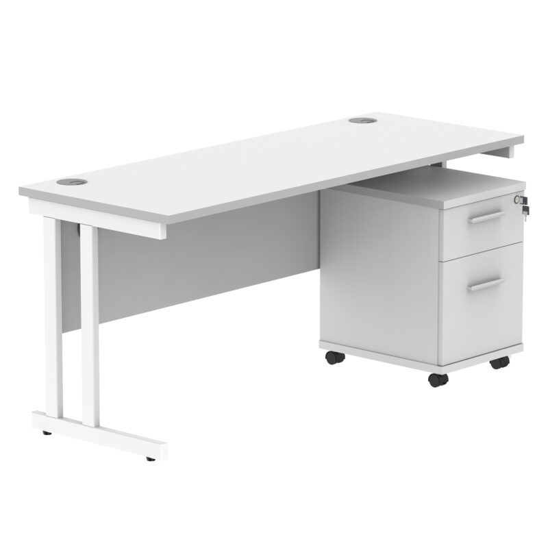 Double Upright Rectangular Desk + 2 Drawer Mobile Under Desk Pedestal | 1600X600 | Arctic White/White